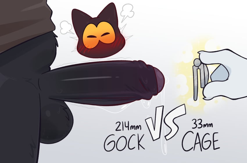 angry anthro balls belly black_body black_eyes black_fur blush bodily_fluids bottomless chastity_cage chastity_device clothed clothing crushpepper domestic_cat duo ears_up epic_rap_battles_of_history erection faceless_anthro faceless_character felid feline felis female female_to_male foreskin fur genderswap_(ftm) genital_fluids genitals google google_doodle hi_res magic_cat_academy mammal momo_(google) motion_outline penis precum shaking shirt shivering simple_background sweat text topwear yellow_sclera