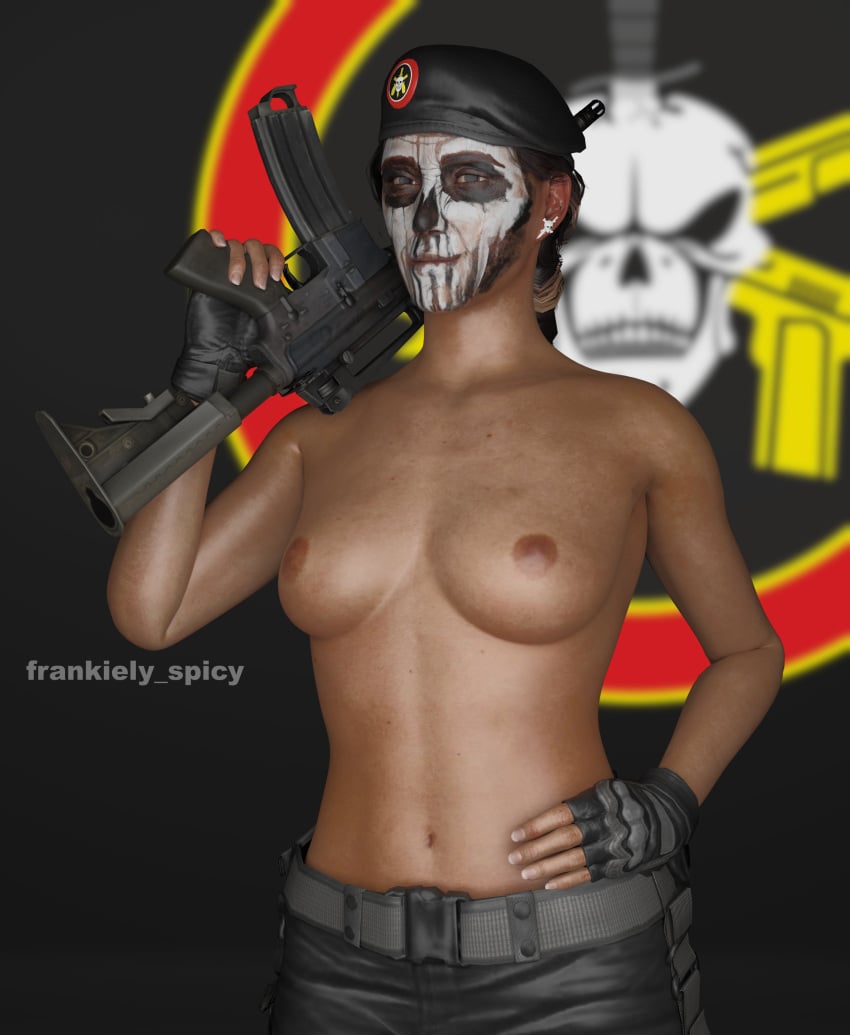 1girls 3d belly belly_button beret blender brazilian brazilian_female breasts breasts breasts_out brown_hair caveira_(rainbow_six) dark-skinned_female dark_skin ear_piercing ear_ring earrings facepaint female female female_focus female_only female_soldier frankiely_spicy looking_at_viewer makeup navel nipples pinup police police_hat police_officer police_uniform policewoman ponytail rainbow_six rainbow_six_siege rifle soldier solo solo_female solo_focus staring staring_at_viewer tease teasing teasing_viewer topless topless_female weapon weapon_over_shoulder