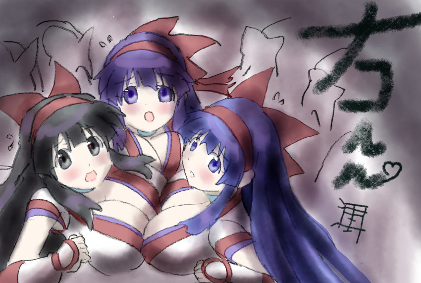 3girls ainu_clothes asymmetrical_docking big_breasts black_eyes black_hair blue_eyes blue_hair blush breast_press breasts busty cleavage female female_only fingerless_gloves gloves hair_ribbon highres king_of_fighters large_breasts long_hair looking_at_viewer multiple_girls multiple_persona nakoruru nervous open_mouth parted_lips pink_lips purple_eyes purple_hair ribbon samurai_shodown sensual sideboob snk solo tongue traditional_media traditional_media_(artwork) very_long_hair voluptuous