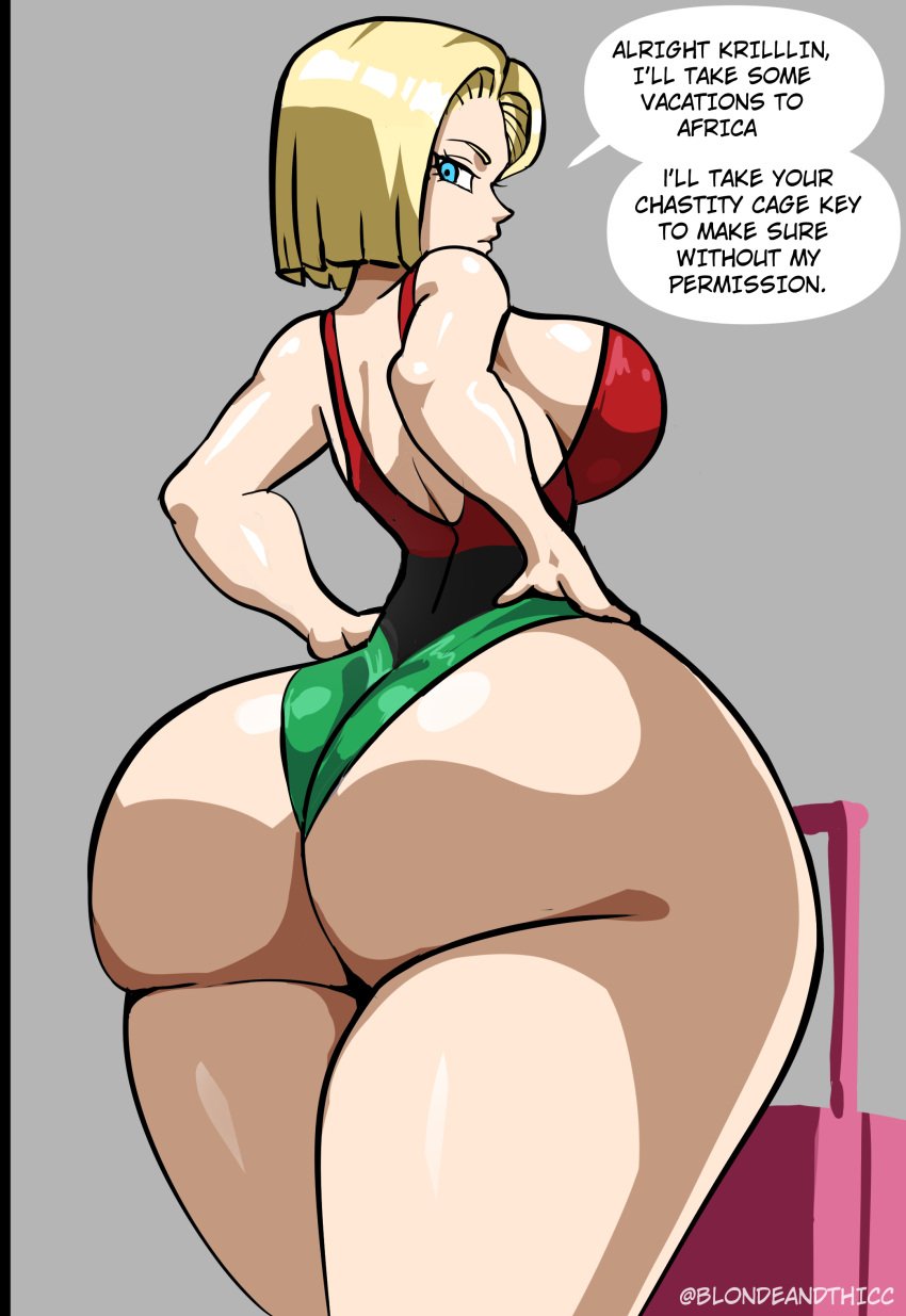 1girl 1girls african android android_18 android_girl artist_name ass back back_view backboob blonde blonde_female blonde_hair blonde_hair_female blondeandthicc blue_eyes blue_eyes_female chastity_cage cheating cheating_wife cuckold cyborg cyborg_girl dark-skinned_male dominant_female dragon_ball dragon_ball_super dragon_ball_z english english_text eyelashes flag hips interracial light-skinned_female light_skin looking_back looking_back_at_viewer milf mother netorare ntr pale-skinned_female pale_skin pan-african_colors pan-african_flag pan_african_colors sideboob swimsuit swimwear text thick thick_ass thick_thighs thighs white_woman wide_hips wife