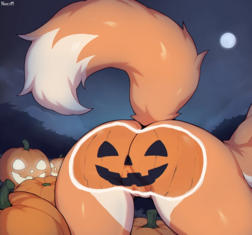 anthro ass bent_over big_butt bodypaint butt_focus canid canine canis cloud detailed_background digital_media_(artwork) female fluffy fluffy_tail fog food fox fruit full_moon fur genitals halloween hi_res holidays jack-o'-lantern mammal moon multicolored_body multicolored_fur night ninesm nude orange_body orange_fur outside plant presenting presenting_hindquarters pumpkin pumpkin_butt pussy raised_tail rear_view sky solo tail thick_thighs two_tone_body wide_hips