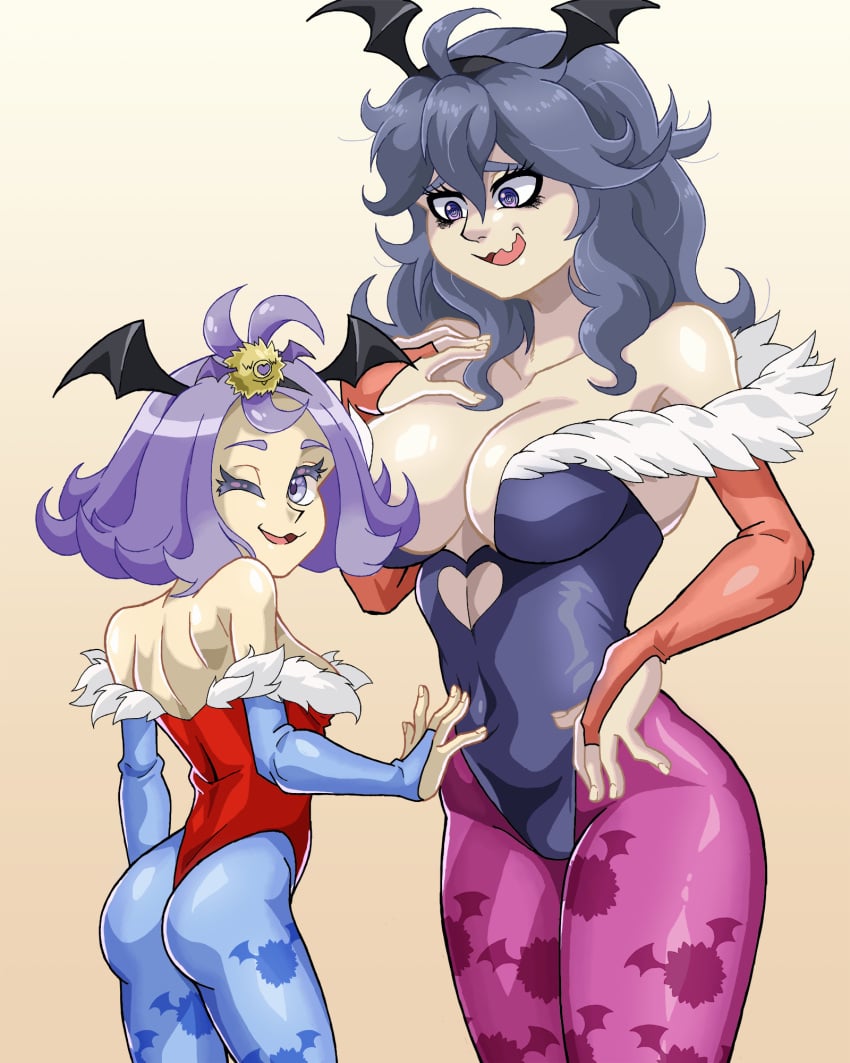 2girls 4:5 acerola_(pokemon) alternate_costume ass back_view big_breasts blush breasts bubble_butt cleavage cosplay curvy curvy_figure darkstalkers female female_focus female_only hair_ornament hex_maniac huge_breasts large_breasts light-skinned_female light_skin lilith_aensland_(cosplay) long_hair long_sleeves medium_ass morrigan_aensland_(cosplay) multiple_girls pale-skinned_female pale_skin pokemon pokemon_sm pokemon_xy purple_eyes purple_hair schlumper shiny_skin size_difference small_breasts succubus