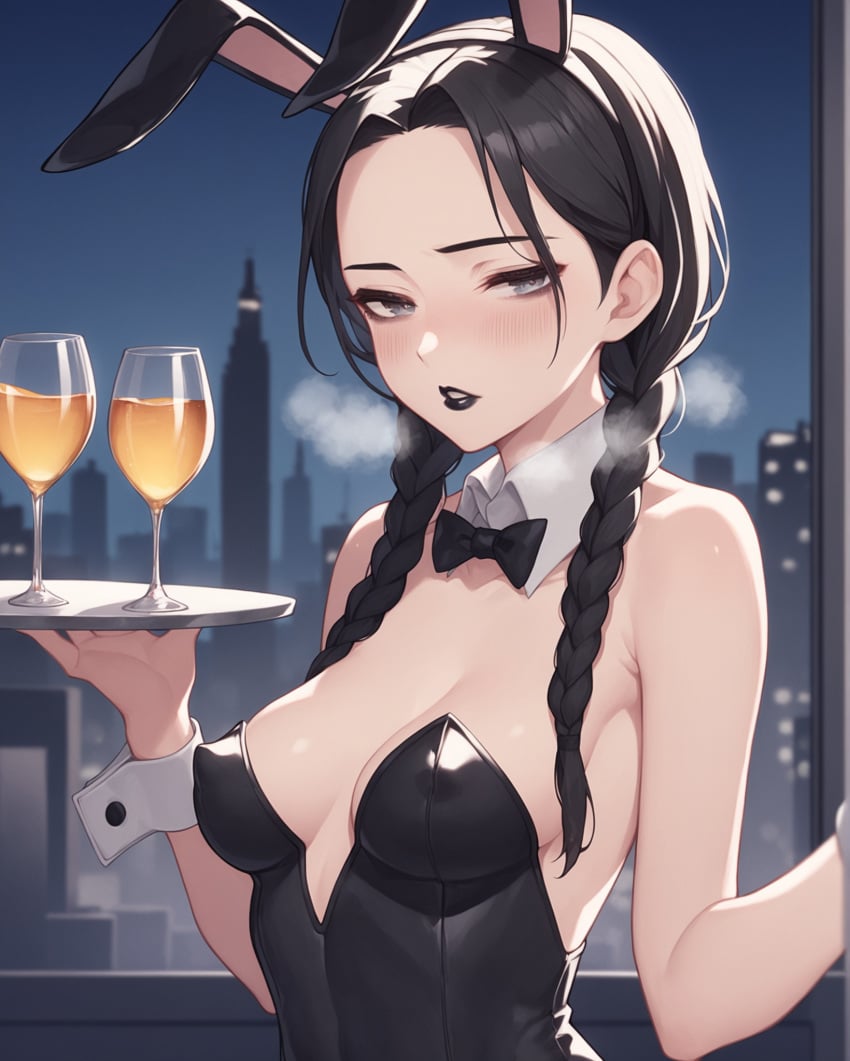 1girls ai_generated alcohol bare_shoulders black_hair black_lipstick blush bowtie braid breasts bunny_ears bunny_girl bunnysuit cityscape covered_nipples detached_collar fake_animal_ears fake_bunny_ears female heavy_breathing holding_tray leotard looking_at_viewer medium_breasts notreallyhere parted_lips perky_breasts playboy_bunny solo the_addams_family tray twin_braids twintails twintails upper_body wednesday_addams