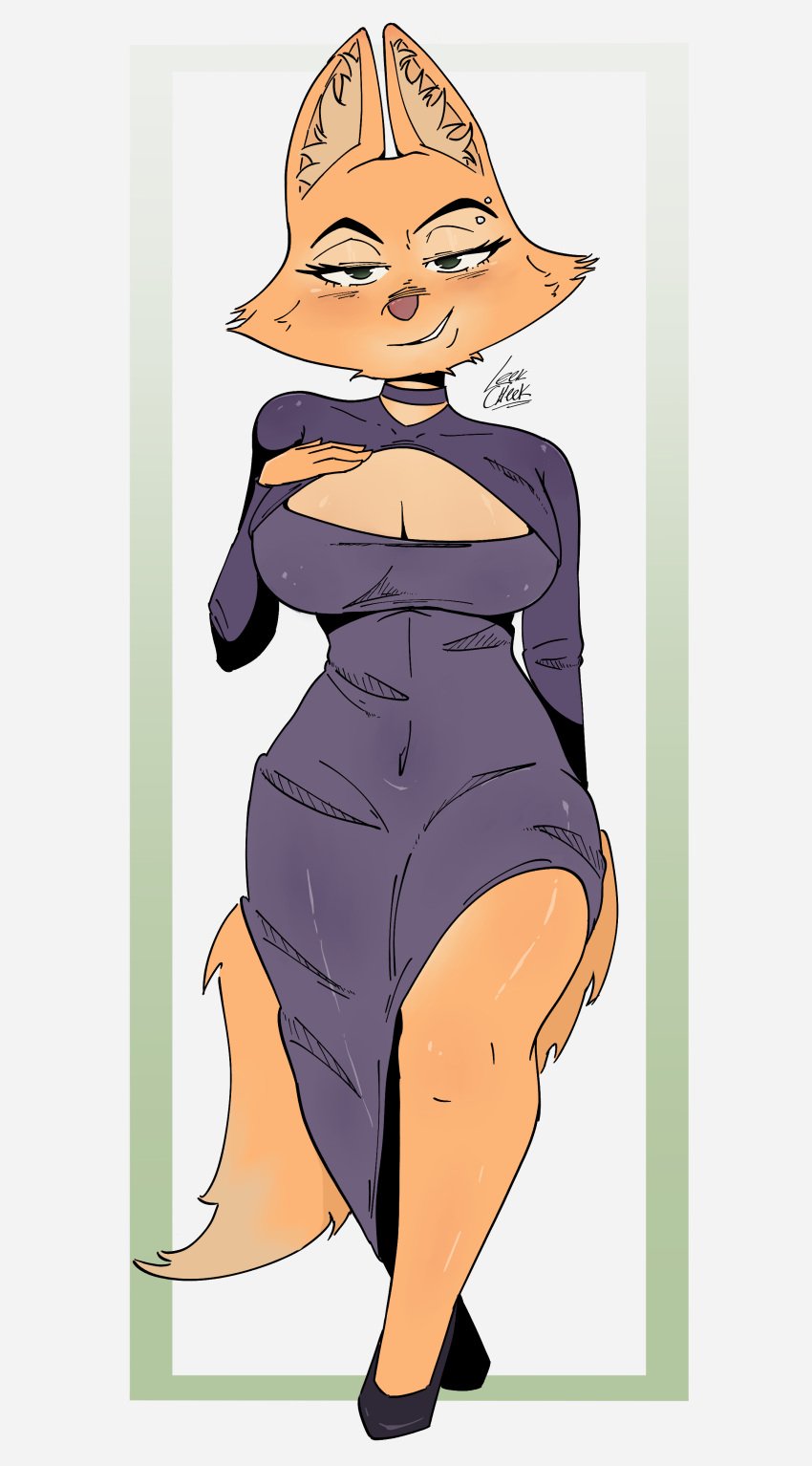 anthro big_breasts breasts diane_foxington dress eyebrow_piercing fox fox_girl fox_tail furry hand_on_breast high_heels large_breasts leekcheek looking_at_viewer piercing raised_eyebrow smirk the_bad_guys thick_legs thick_thighs thighs