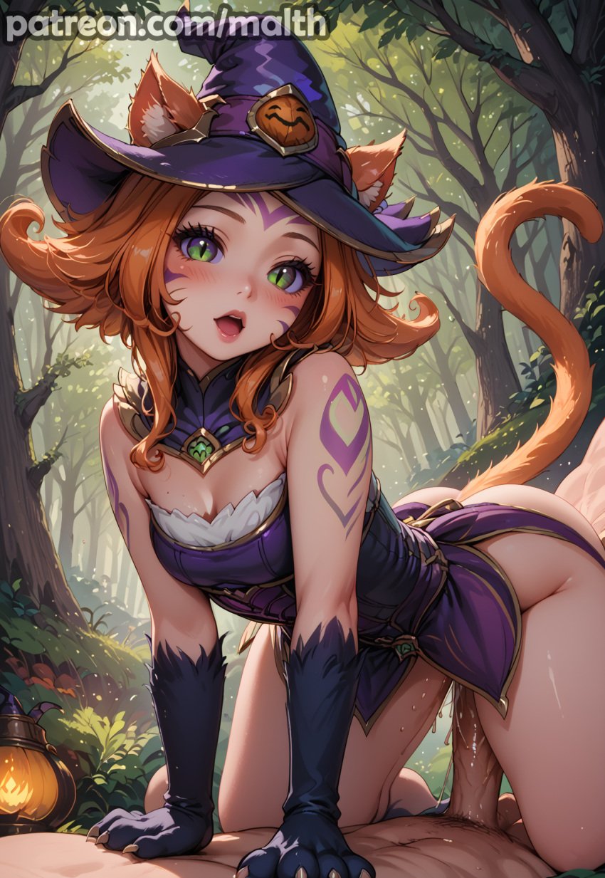 1boy 1girls ai_generated bewitching_neeko cat_ears cat_tail cowgirl_position cum_in_pussy forest ginger green_eyes large_penis league_of_legends malth moaning neeko on_all_fours outside_sex purple_eyes riot_games sex tales_from_the_rift_series tattoo thick_thighs vaginal_penetration vastaya witch_costume witch_hat