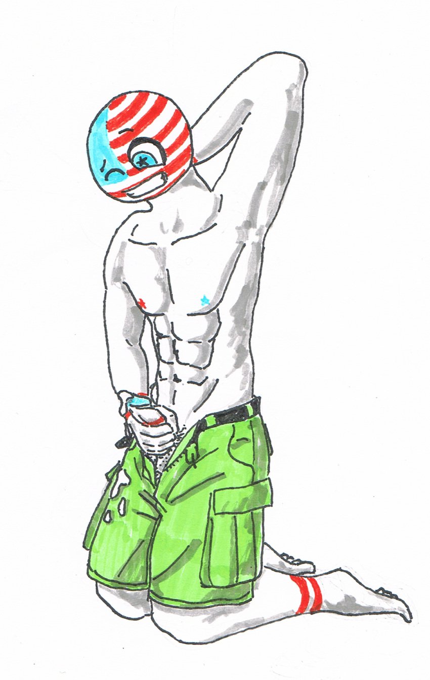 accidental_cumshot cargo_shorts countryhumans cum_stain cumming kneeling male_only masturbating shirtless solo_male united_states_of_america_(countryhumans)