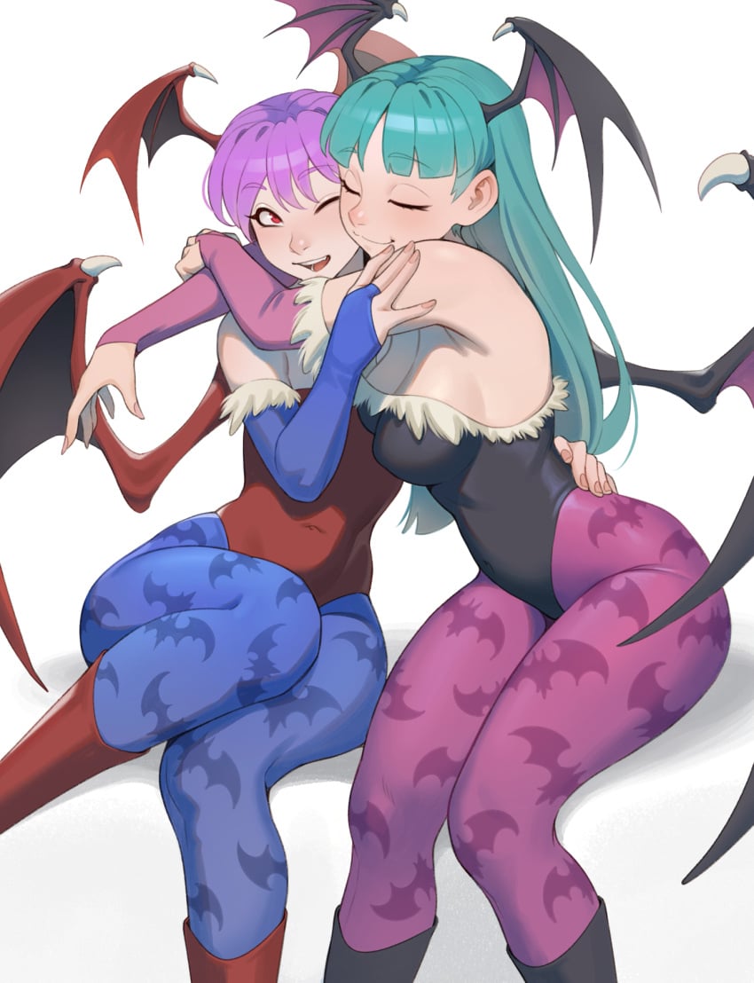 2girls armwear bat_print blue_pantyhose capcom cheshirrr closed_eyes darkstalkers female female_only green_hair head_wings hi_res hugging leotard lilith_aensland long_hair morrigan_aensland one_eye_closed pantyhose purple_hair purple_pantyhose red_eyes sisters sitting smiling succubi succubus succubus_wings white_background wholesome wings