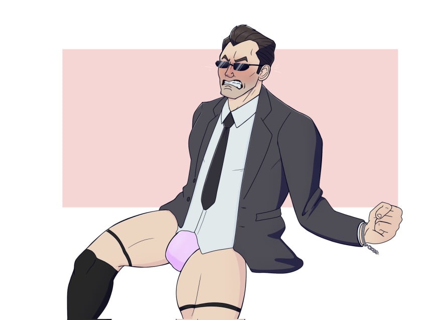 1boy agent_smith angry black_hair blush bulge garter_belt_socks handcuffed no_visible_genitalia pants_removed pink_underwear solo_male teeth_clenched the_matrix tvfish-art underwear