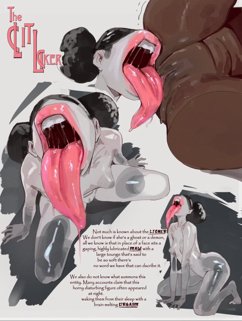 big_lips_no_eyes big_mouth black_hair ear ghost_girl large_tongue magicmoonsarts nightmare_fuel no_eyes non-human open_mouth pussy text third-party_source tongue tongue_out