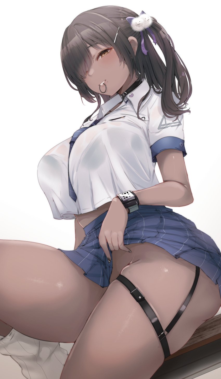 absurdres black_nails blue_necktie blue_skirt bra_visible_through_clothes breasts brown_eyes brown_hair clothes_lift collared_shirt cropped_shirt dark-skinned_female dark_skin female goddess_of_victory:_nikke gyaru hair_ornament hair_over_one_eye hair_tie_in_mouth highres large_breasts lifting_own_clothes long_hair looking_at_viewer loose_necktie loose_socks miniskirt mole mole_under_mouth mouth_hold naga_(nikke) necktie no_panties ryuu. school_uniform shirt shirt_overhang short_sleeves side_ponytail skirt skirt_lift smile socks solo teasing thighs white_background white_shirt