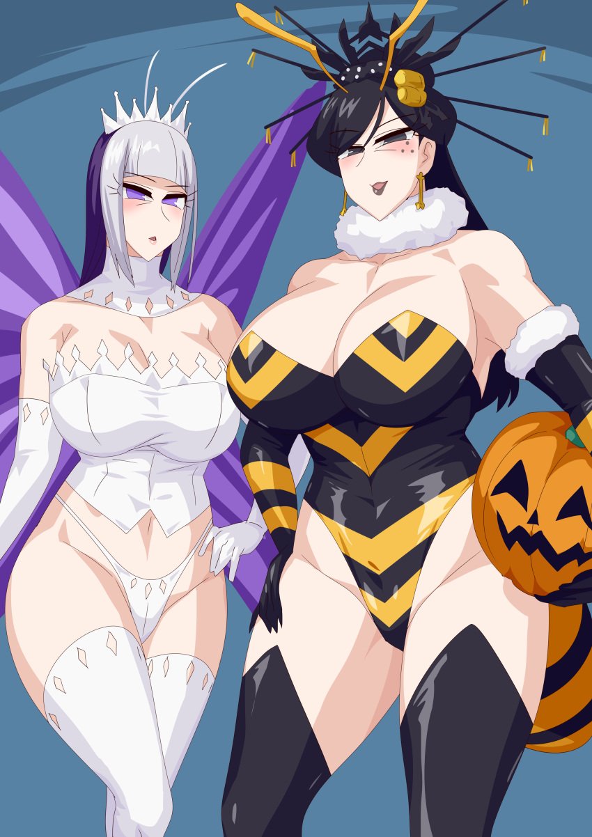 2girls alluring bee_costume big_breasts black_hair butterfly_costume butterfly_wings cleavage grey_eyes halloween_costume holding_jack_o_lantern insect_wings iroki karras_(king-ohger) multiple_girls ohsama_sentai_king-ohger otokam1117 super_sentai white_and_purple_hair wings