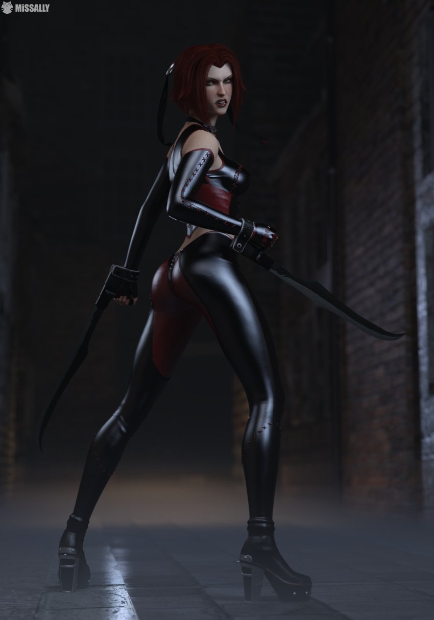 1girls 3d 3d_(artwork) ass ass_focus blades bloodrayne clothed clothing corset daz3d daz_studio dhampir elbow_gloves female female_only fingerless_gloves heel_boots heels leather leather_clothing leather_pants looking_at_viewer looking_back missally pants rayne rear_view red_hair short_hair solo solo_female solo_focus vampire weapon