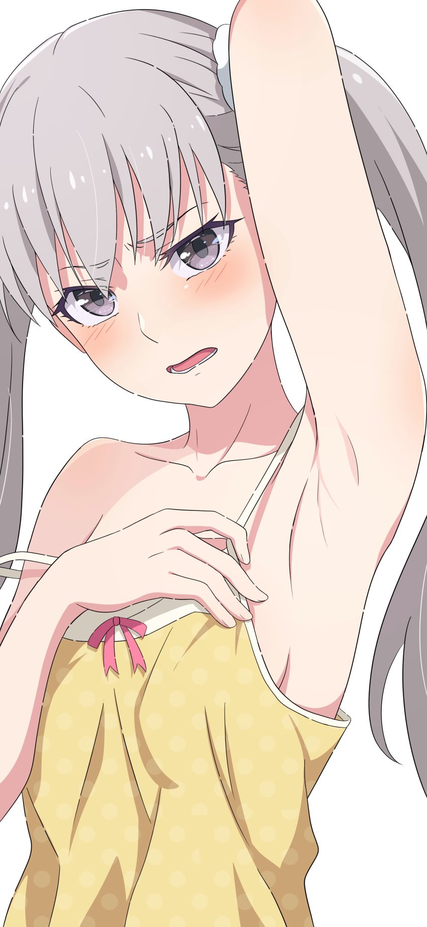 arm_up armpits bare_arms bare_shoulders blush body_blush breasts camisole camui1104 collarbone grey_eyes grey_hair long_hair monogatari_(series) no_bra oikura_sodachi open_mouth sideboob strap_slip tongue twintails