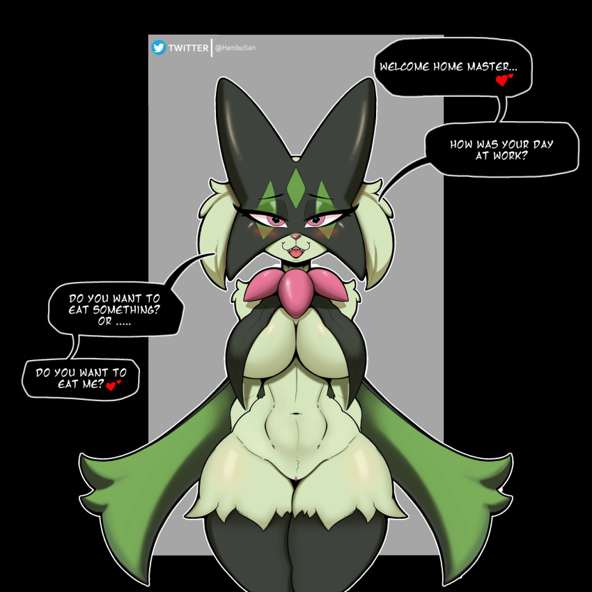 anthro big_breasts breast_curtains breasts female generation_9_pokemon hambusan hi_res jpeg meowscarada nintendo pokemon pokemon_(species) solo standing