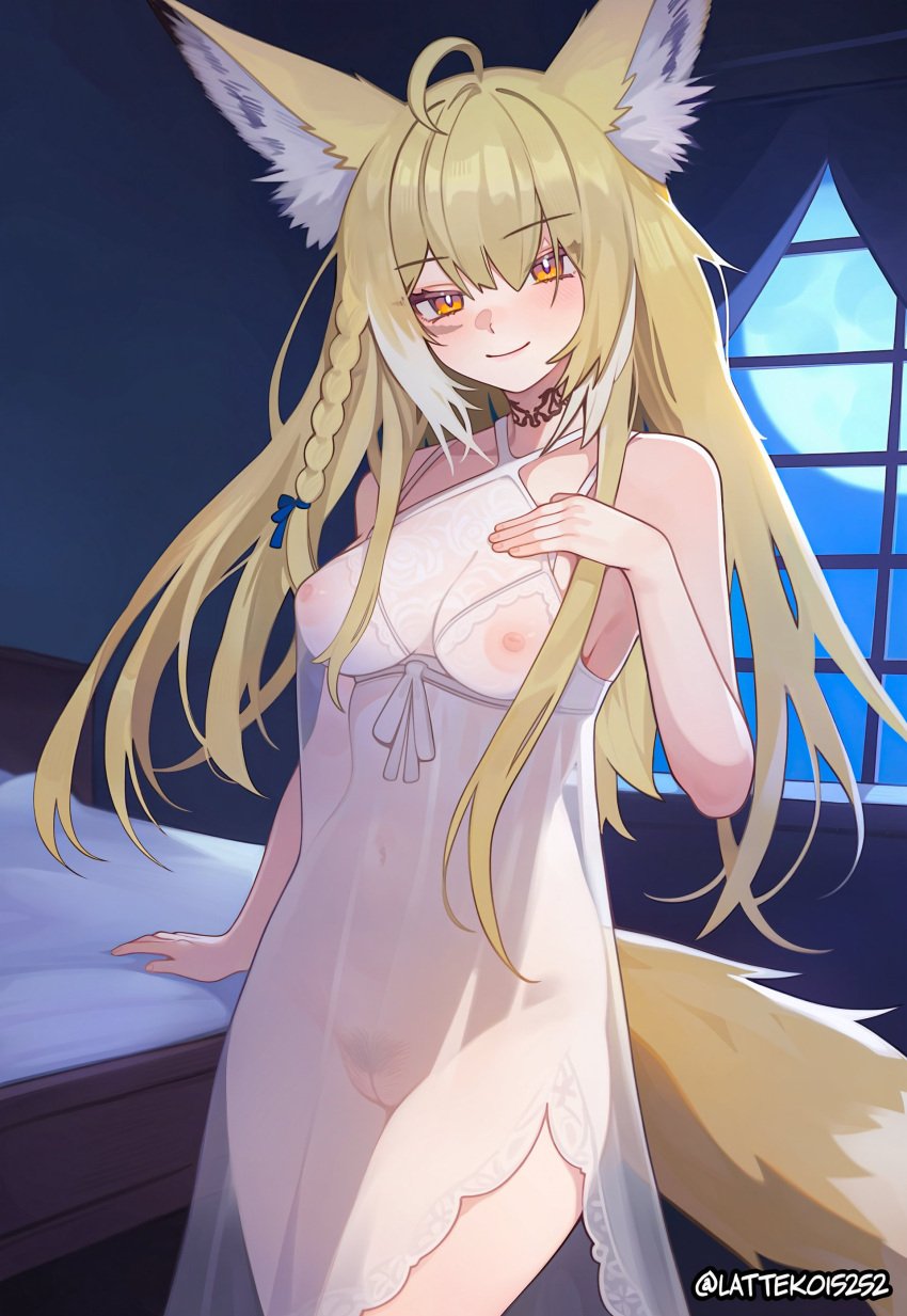 1girls :) ahoge ai_generated animal_ears areolae arknights bed big-ass_ears blonde_hair breasts choker cleavage dress dutch_angle female female_only female_pubic_hair hairy_pussy hand_on_bed head_tilt indoors kemonomimi lattekoi5252 light-skinned_female light_skin long_hair looking_at_viewer medium_breasts navel navel_visible_through_clothes negligee night nightgown nipples nipples_visible_through_clothing no_bra no_panties orange_eyes pubic_hair pussy revealing_clothes scar scar_under_eye see-through see-through_clothing smile smiling smiling_at_viewer solo tail transparent_clothing vagina vulpisfoglia_(arknights) waist window