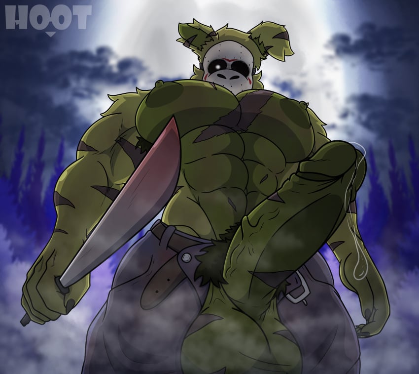 1boy abs absurd_res animal_humanoid anthro armpit_hair balls bara bodily_fluids body_hair boner bottomwear clothed clothing dg254 digital_media_(artwork) erection five_nights_at_freddy's five_nights_at_freddy's_3 fog forest forest_background friday_the_13th_(series) fur gay genital_fluids genitals hair halloween hi_res holidays humanoid jason_voorhees jason_voorhees_(cosplay) lagomorph leporid looking_at_viewer machete male male_only mammal mammal_humanoid mask melee_weapon moon muscular muscular_anthro muscular_male nature nature_background night nipples pants pecs penis plant precum pubes rabbit solo solo_male springtrap springtrap_(fnaf) tree weapon