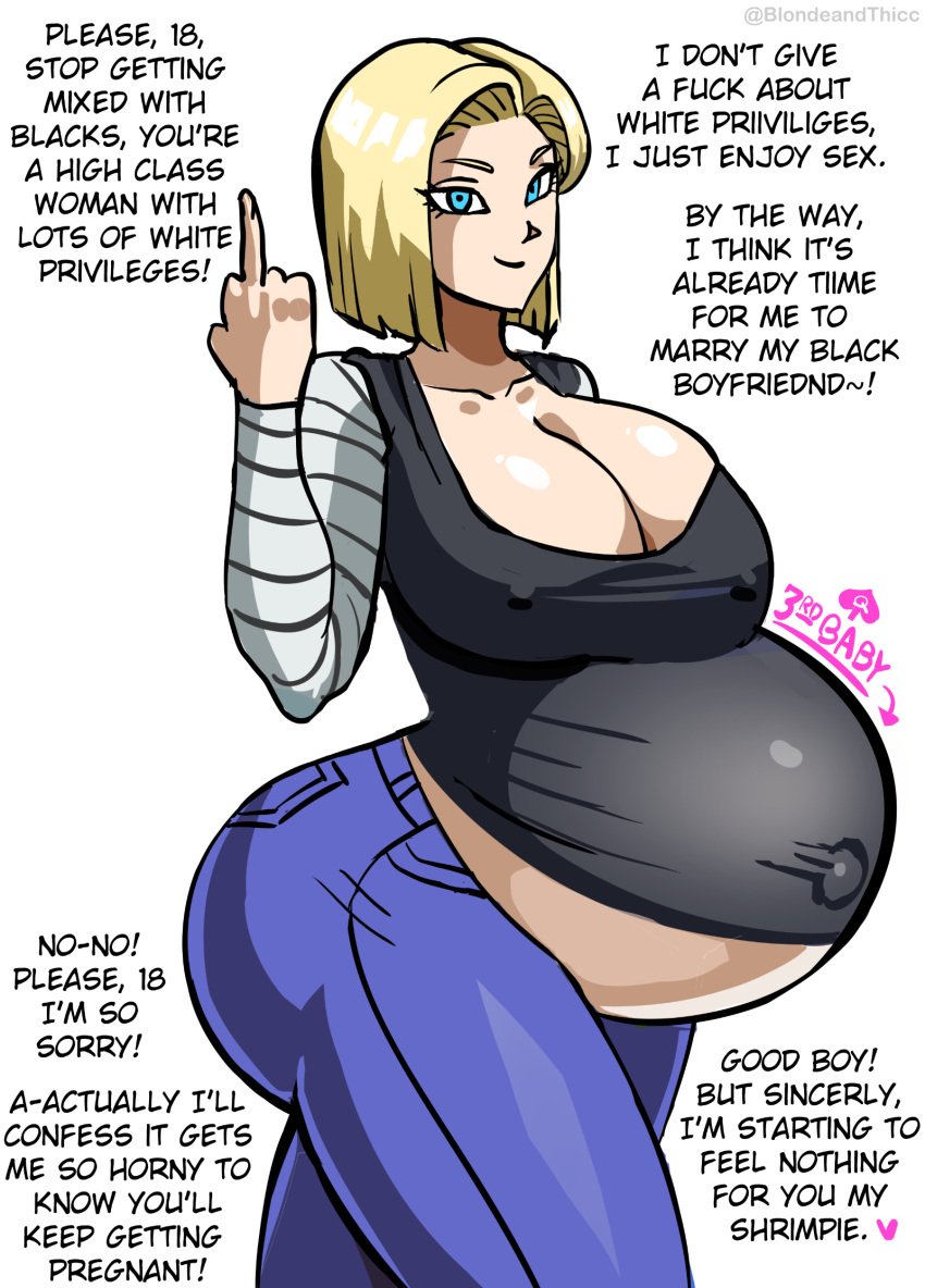 ! 1boy 1girl 1girls ? android android_18 android_girl artist_name ass belly belly_button big_ass big_ass_(female) big_ass_cheeks big_breasts big_butt big_butt_(female) big_butt_cheeks big_buttocks blacked blonde_female blonde_hair blonde_hair_female blondeandthicc blue_blush blue_eyes blue_eyes_female blush breasts cheating cheating_wife cleavage clothed clothed_female corrupted corruption cuck cuckold dark-skinned_male dark_skin dragon_ball dragon_ball_super dragon_ball_z english english_text eyelashes female huge_ass huge_boobs huge_breasts hyper_belly interracial jeans krillin kuririn looking_at_partner looking_at_viewer male middle_finger milf mixed_breed mother netorare nipples nipples_visible_through_clothing ntr offscreen_male pregnant pregnant_belly pregnant_female queen_of_spades queen_of_spades_symbol raceplay smile spade sweaty text white_background wife ~