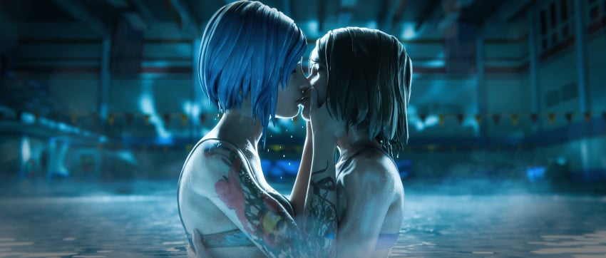 2girls 3d blue_hair brown_hair chloe_price closed_eyes couple female female_only kiss kissing life_is_strange lunex3d max_caulfield passionate pool pricefield romantic tattoo tattooed_arm teenager water wet wet_hair yuri