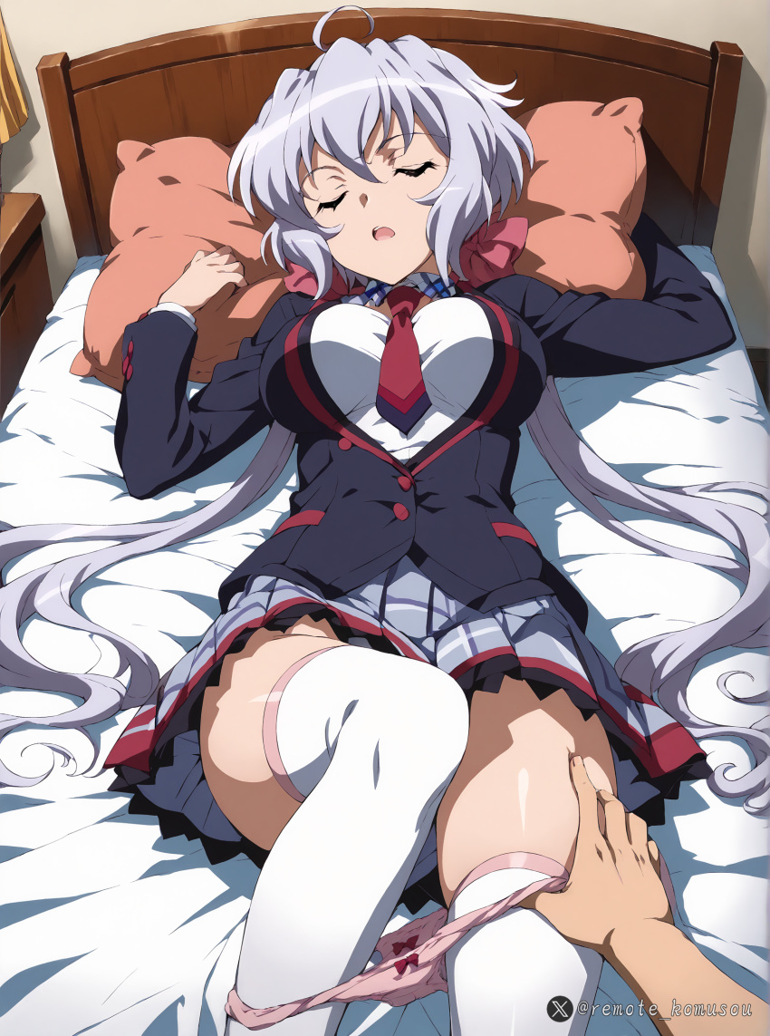 1boy 1girls ahoge ai_generated bed big_breasts breasts closed_eyes female large_breasts lying necktie on on_back open_mouth panties panty_pull pillow pink_panties pov remote_komusou school_uniform senki_zesshou_symphogear senki_zesshou_symphogear_xv shiny shiny_skin skirt sleep_molestation sleeping solo solo_focus straight thighhighs twintails underwear yukine_chris