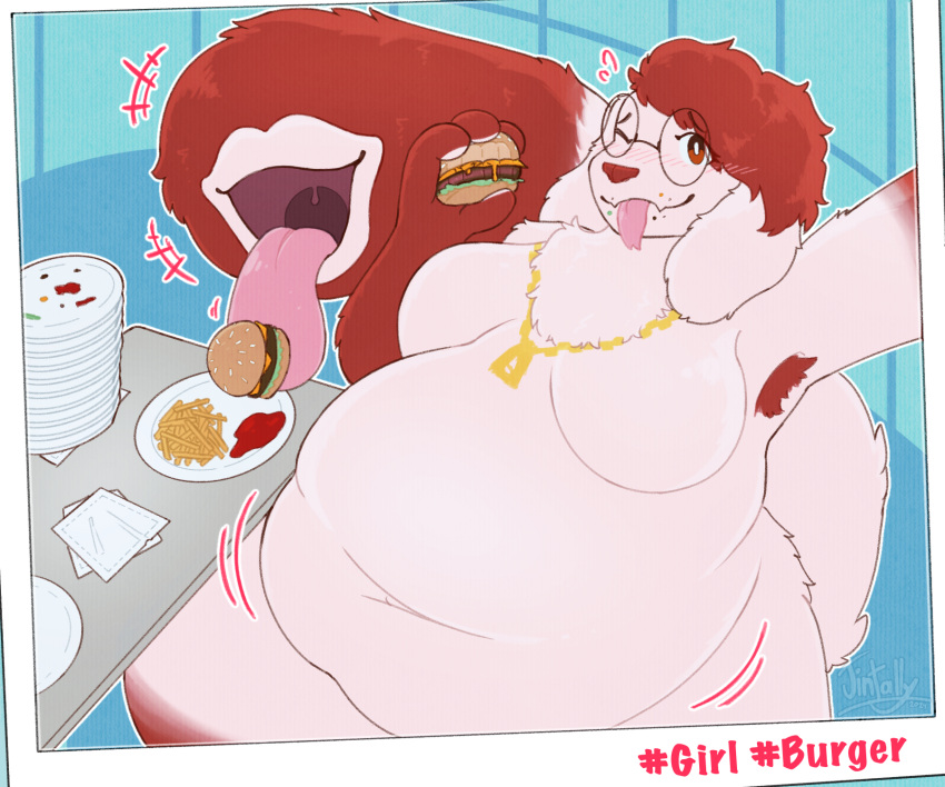 belly big_belly breasts burger eating feeding female food hi_res jintally kinktober nude overweight sitting tail tail_mouth unusual_anatomy unusual_tail