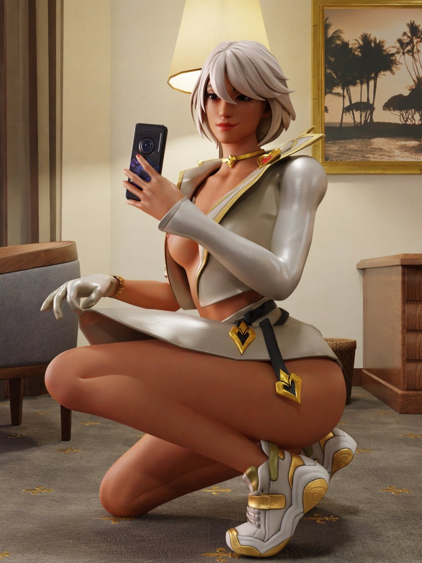 alternate_version alternate_version_available aphrodite aphrodite_(fortnite) ass big_ass big_breasts breasts choker clothed clothed_female clothing dark-skinned_female dark_skin female female_only fortnite glove jabbi_2k jacket jacket_open looking_at_phone mirror_selfie open_clothes partially_clothed partially_clothed_female selfie shiny shiny_skin skirt_lift skirt_up smile smiling solo solo_female squat squatting watch