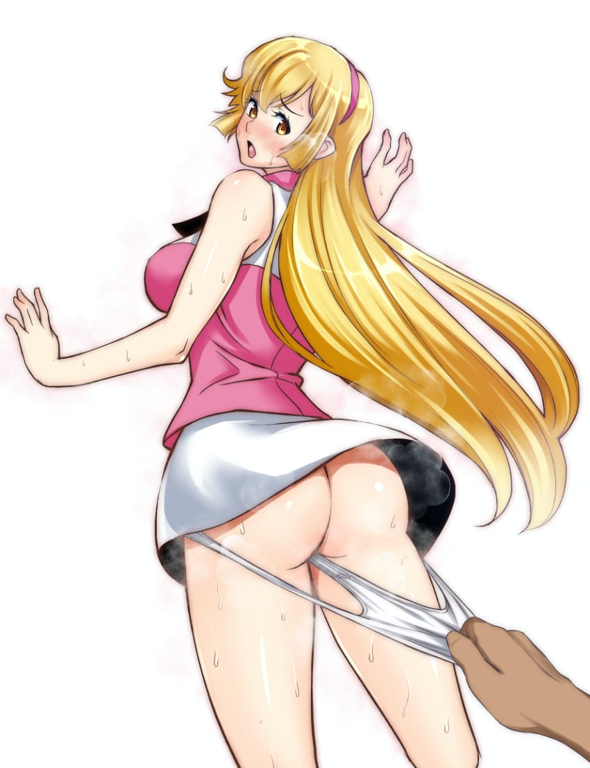 ass back blonde_hair blush cutie_honey cutie_honey_(character) female hairband highres itachou long_hair looking_back open_mouth panties panty_pull pink_hairband pink_shirt shin_cutie_honey shirt skirt sleeveless sleeveless_shirt standing sweat underwear upskirt white_panties white_skirt wind wind_lift yellow_eyes