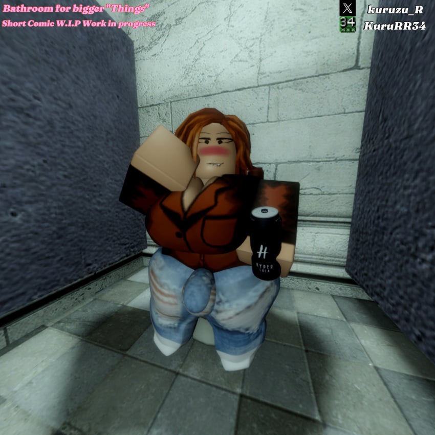 3d bathroom big_breasts bulge_through_clothing clothed drink futa_bulge futanari kururr34 looking_at_viewer roblox robloxian thick_thighs