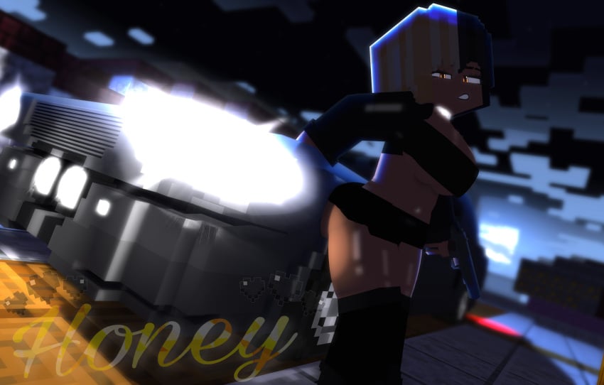 1girl black_cloak black_hair blonde_hair car chain_collar female female_only honey_(theactualhoney) lights lights_on long_shoes minecraft night orange_eyes seductive_look seductive_pose short_pants smile theactualhoney