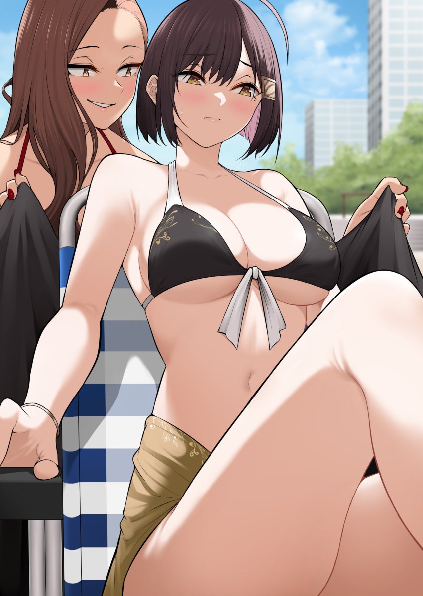 2girls ahoge antenna_hair belly belly_button bikini bikini_top black_bikini black_bikini_top black_hair black_hair_female black_string_bikini black_swimsuit black_swimwear blush blush_face blush_lines blushed_face blushing_at_viewer blushing_face blushing_female breasts brown_eyebrows brown_eyes brown_eyes_female brown_hair brown_hair_female busty busty_female busty_girl busty_teen calves cleavage collarbone dot_nose embarrassed embarrassed_exposed_female embarrassed_expression embarrassed_female female female_focus female_only fingernails fingers front-tie_bikini front-tie_bikini_top front-tie_top grin grinning grinning_at_partner grinning_at_viewer hair_between_eyes hair_clip hair_clips hairclip hairclips hamazaki_risa high_resolution high_school_student highres imaizumi's_mother imaizumin-chi_wa_douyara_gal_no_tamariba_ni_natteru_rashii knee_up kneepits knees large_breasts lean_body lean_figure legs light-skinned_female light_skin lips long_hair medium_hair multiple_females multiple_girls nail_polish nails narrow_waist navel nori_gorou outdoor outdoors outside parted_bangs red_fingernails red_nail_polish red_nails school_girl school_girls seductive_grin short_hair shoulders sitting slender_body slender_waist slim_girl slim_waist smile smiley_face smiling smiling_at_viewer smirk smug_grin string_bikini swimsuit swimwear teen_girl teenage_girl teenage_girls teenager thick_thighs thighs thin_waist underboob upper_body