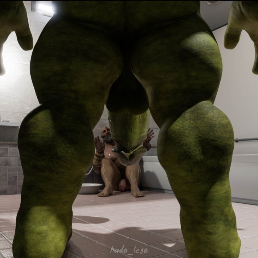 bald bara bathroom daddy dilf gay god_of_war green_skin hadolego head_grab huge_cock intimidation kneeling kneeling_on_ground kneeling_oral_position kratos male male/male male_only mature_male monster_cock muscular muscular_male orc orc_dom orc_male orc_on_human scared white_skin