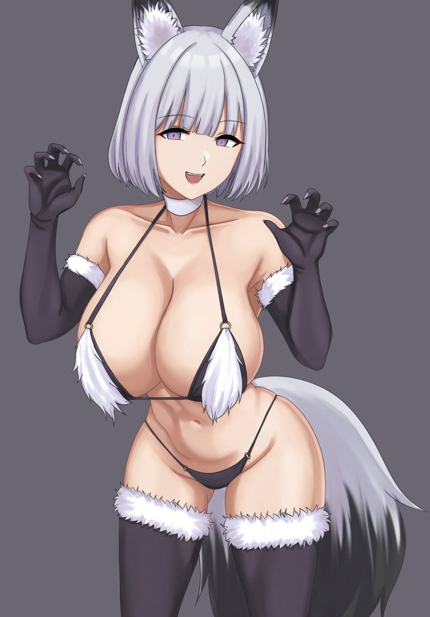 1girls animal_ears armpits bare_shoulders bikini black_background black_bikini black_gloves black_thighhighs choker claws cleavage collarbone cowgirl_position cyka fox_ears fox_girl fox_tail fur_trim girls'_frontline grey_hair hi_res looking_at_viewer medium_hair navel open_clothes purple_eyes rpk-16_(girls'_frontline) sharp_teeth simple_background smile solo solo_female stomach string_bikini tail teeth thighhighs tongue underwear