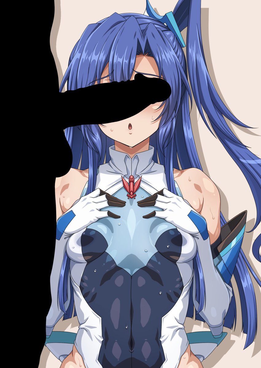 1boy absurdres bare_shoulders blue_hair blush breasts covered_navel elbow_gloves female gloves highres kazanari_tsubasa leotard long_hair open_mouth penis_awe senki_zesshou_symphogear side_ponytail skin_tight small_breasts sweat syunzou upper_body