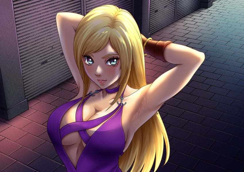 1girls armpits arms_behind_head big_breasts blonde_hair blue_eyes bonne_jenet bracelet breasts busty choker cleavage collarbone confident dress fatal_fury female female_only garou:_mark_of_the_wolves gloves highres jewelry king_of_fighters king_of_fighters_xv large_breasts long_hair looking_at_viewer pink_lips pose posing purple_dress sexy_armpits sideboob smile snk solo