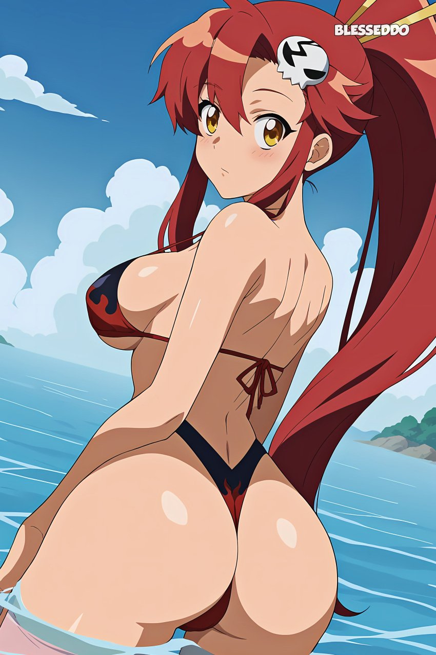 1girls ai_generated big_breasts bikini blesseddo breasts long_hair looking_at_viewer looking_back looking_back_at_viewer ponytail red_hair skull_hair_ornament standing_in_water water watermark yellow_eyes yoko_littner