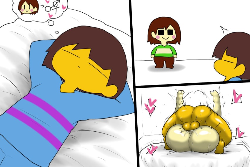 1boy 1girls big_ass chara chara_(undertale) enigi09 frisk frisk_(undertale) mating_press undertale undertale_(series) yellow_skin