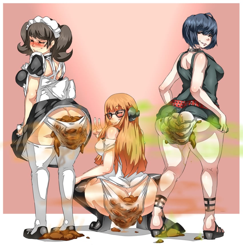 3girls anus ass asshole atlus big_ass big_butt blue_hair blush brown_hair choker closed_eyes fart fart_cloud female_only glasses lazei legwear looking_at_viewer looking_back looking_back_at_viewer maid maid_headdress maid_outfit maid_uniform mature_female one_eye_closed orange_hair panties panties_down panty_poop peace_sign persona persona_5 rear_view sadayo_kawakami sakura_futaba scat shit shitpile shitting short_hair smile soiling soiling_underwear squatting tae_takemi thick_thighs thigh_boots thighhighs tongue tongue_out twintails vagina viewed_from_behind white_legwear white_thighhighs