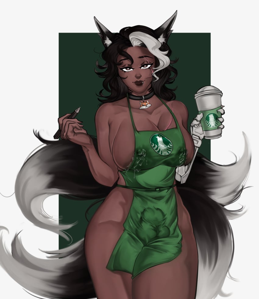 1futa absurd_res animal_humanoid apron apron_only balls balls_outline barista big_breasts black_body black_fur black_hair black_lips black_lipstick bodily_fluids breasts brown_body brown_eyes bulge canid canid_humanoid canine canine_humanoid chest_scar clothed clothing collar container corruption_of_champions_2 cup dark_body dark_skin detailed_bulge digital_media_(artwork) dipstick_ears dipstick_tail ear_markings employee employee_uniform facial_piercing facial_scar fox fox_ears fox_humanoid fully_sheathed fur futa_only futanari genital_outline genitals gynomorph gynomorphlogo_on_clothing hair hi_res holding_container holding_cup holding_object holding_pen humanoid i_mean_breast_milk intersex lactating lactating_through_clothing lip_piercing lips lipstick looking_at_viewer makeup mammal mammal_humanoid markings meme milk mostly_nude multi_tail multicolored_ears multicolored_hair neck_tattoo nipples pen piercing prosthetic prosthetic_arm prosthetic_limb ranelle_otomo scar sheath_outline simple_background solo starbucks tail tail_markings two_tone_hair walkinho wavy_hair wet wet_clothing white_body white_fur