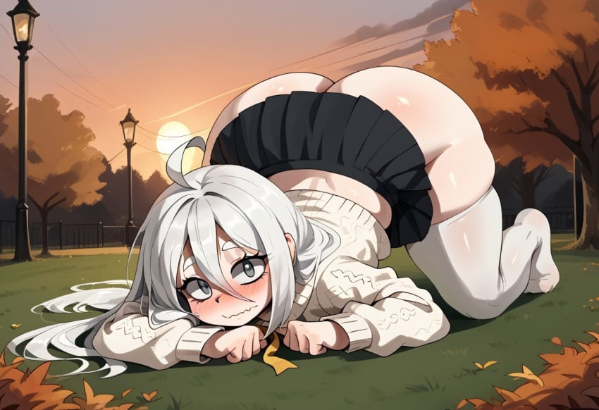 1girls ai ai_generated ass_up black_skirt charlotte_wiltshire face_down_ass_up female female_protagonist fluffy_hair gigantic_ass hello_charlotte huge_ass miniskirt no_panties on_floor outdoors pale-skinned_female presenting presenting_hindquarters short_skirt thick_thighs thighhighs useless_clothing very_long_hair white_hair white_shirt white_skin wide_hips