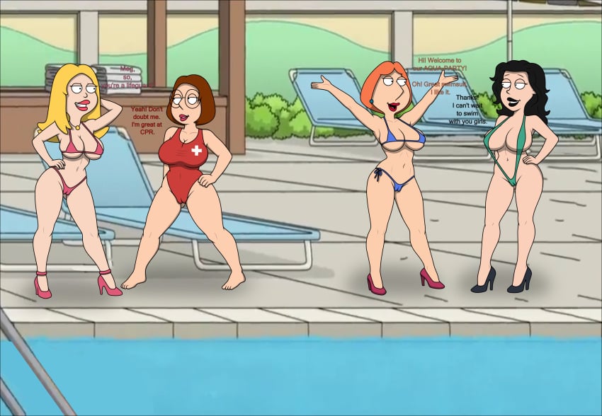 4girls american_dad big_breasts bikini blonde_hair brown_hair cameltoe dialogue family_guy foursome francine_smith goth goth_girl high_heels lifeguard lifeguard_swimsuit lois_griffin meg_griffin one-piece_swimsuit pool sexfightfun sexfightfun_(character) smiley_face swimsuit