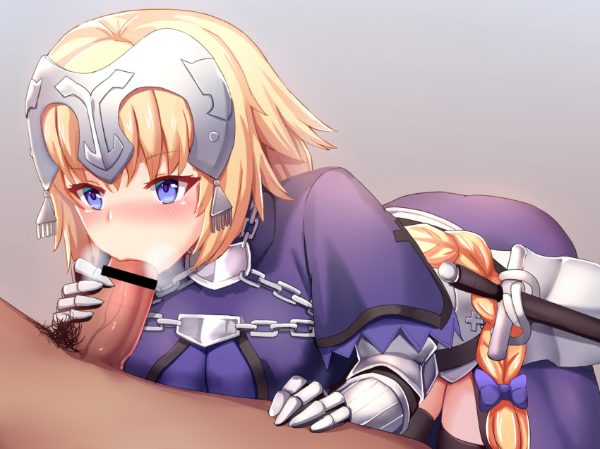 1boy 1girls armor armored_dress bangs bar_censor bent_over black_legwear blonde_hair blowjob blue_eyes blush braid breasts breath capelet censored dress erection eyebrows_visible_through_hair fate/apocrypha fate_(series) faulds fellatio female gauntlets headpiece jeanne_d'arc_(fate) jeanne_d'arc_(fate)_(all) large_breasts long_braid long_hair male male_pubic_hair nose_blush oral oral_sex partial_male penis pink_lips purple_dress scabbard sheathed shin'yashiki single_braid straight sword thighhighs very_long_hair weapon