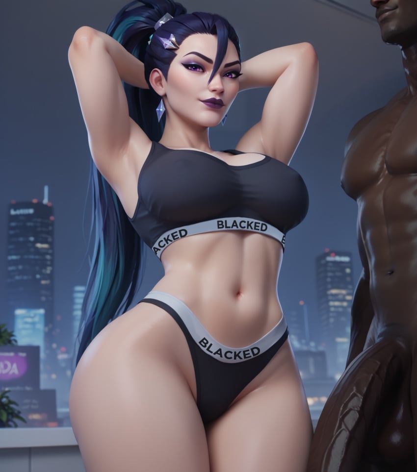 1boy 1girls ai_generated armpits arms_behind_head blacked blacked_clothing blue_hair breasts dark-skinned_male dark_skin faceless_male female indoors interracial k/da_all_out_kai'sa k/da_all_out_series kai'sa large_penis league_of_legends light-skinned_female light_skin male muscular_male narrow_waist panties purple_eyes queensphynx riot_games smile smiling_at_viewer smirk sports_bra standing straight wide_hips