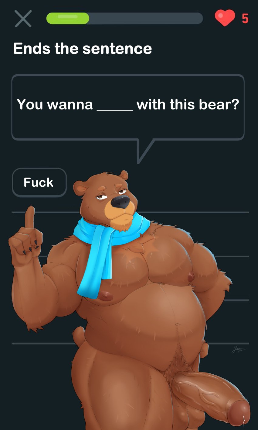 2025 absurd_res anthro balls bear belly bodily_fluids body_hair breasts brown_body brown_fur canid canine chest_hair clothing digital_media_(artwork) duolingo english_text erection facial_hair falstaff_(duolingo) fur genitals hair hi_res jirux looking_at_viewer male mammal mascot muscular muscular_male nipples nude penis profanity scarf simple_background solo tail text topwear