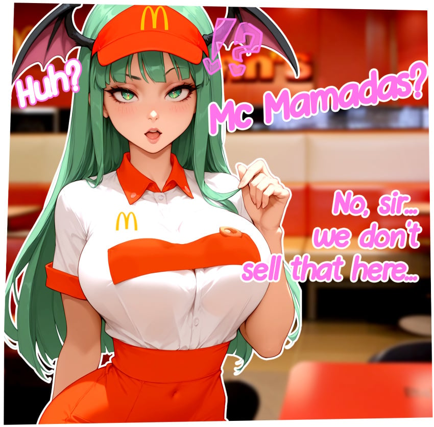 1girls ai_generated big_breasts breasts darkstalkers fast_food fast_food_uniform female female_only food green_eyes green_hair head_wings huge_breasts large_breasts long_hair mamada mcdonald's mcdonald's_wifi mcmamada menu miaulust morrigan_aensland restaurant waitress waitress_outfit waitress_uniform