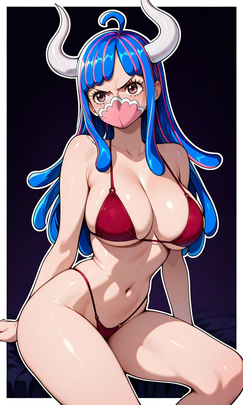 1girls ai_generated bare_arms bare_legs bare_shoulders bare_thighs big_breasts bikini bikini_bottom bikini_top color female female_focus female_only hi_res horns khenai large_breasts light-skinned_female light_skin long_hair looking_at_viewer mask multicolored_hair one_piece pink_eyes shounen_jump solo solo_female thick_thighs ulti_(one_piece)