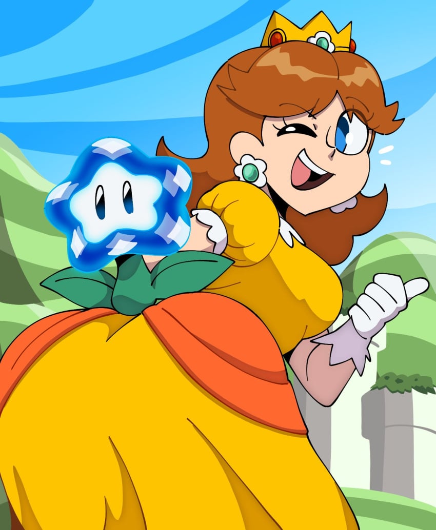 ass blue_eyes breasts brown_hair crown dress earrings female flipped_hair flower_brooch flower_earrings frilled_gloves frills gloves highres jewelry mario_(series) medium_breasts medium_hair nintendo one_eye_closed open_mouth orange_dress princess princess_daisy puffy_short_sleeves puffy_sleeves qtip_xd short_sleeves smile solo super_mario_bros._wonder teeth thumbs_up upper_teeth_only white_gloves wonder_flower yellow_dress