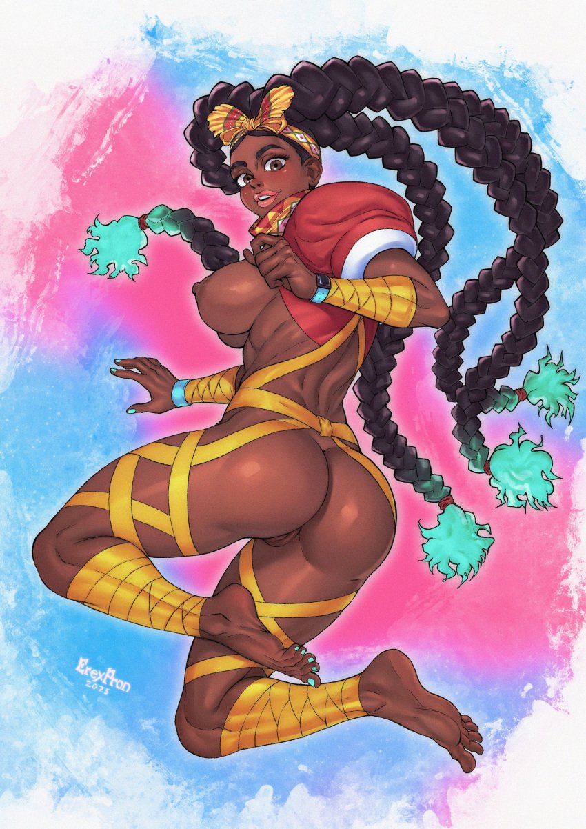 2025 2d areolae ass athletic athletic_female barefoot big_breasts black_hair breasts breasts_out bubble_butt busty crop_top dark-skinned_female dark_skin dreadlocks erexpron female female_focus female_only hourglass_figure kimberly_jackson long_hair nipples sideboob street_fighter street_fighter_6 tagme top_lift wide_hips