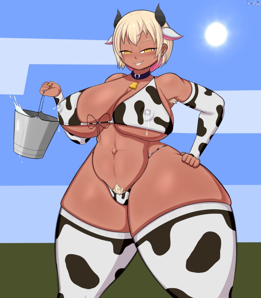 2025 armpit_hair armwear big_breasts blonde_hair blonde_pubic_hair breasts bucket collar cow_bikini cow_ears cow_girl cow_horns cow_print cowkini dannyiac ear_piercing earrings female freckles gyaru holding_object huge_breasts jidori_(jcdr) lactating lactation lipstick looking_at_viewer original original_character painted_nails pink_hair pubes pubic_hair thick_thighs thighhighs thighs virtual_youtuber vtuber yellow_eyes