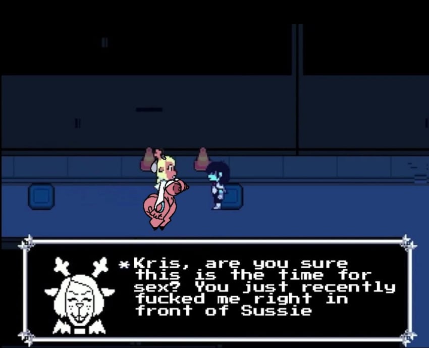 big_ass breasts deltarune deltarune_chapter_2 huge_breasts kris_(deltarune) noelle_holiday slut_tattoo tits_out