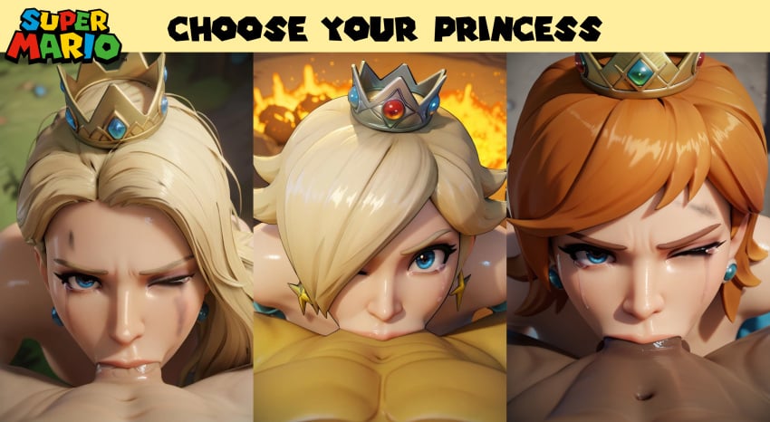 1boy 1girls 3d 3girls blender blender_(artwork) blender_(software) blonde_female blonde_hair blue_eyes choking choking_on_cock choose choose_your_own_adventure completely_naked_female completely_nude_female crown crying crying_with_one_eye_closed deep deep_blowjob deepthroat deepthroat_no_hands female female_focus femsub fucked_senseless fucked_silly grabbing_own_leg hands_behind_back hi_res kuku3d long_hair male/female maledom mario_(series) multiple_girls naked naked_female nude nude_female one_eye_closed oral oral_penetration oral_rape oral_sex orange_hair penis_in_mouth princess princess_daisy princess_peach princess_rosalina saliva saliva_on_penis sex submission submissive_female sucking sucking_penis superdeepthroat tears throat_abuse throat_bulge wink winking_at_viewer