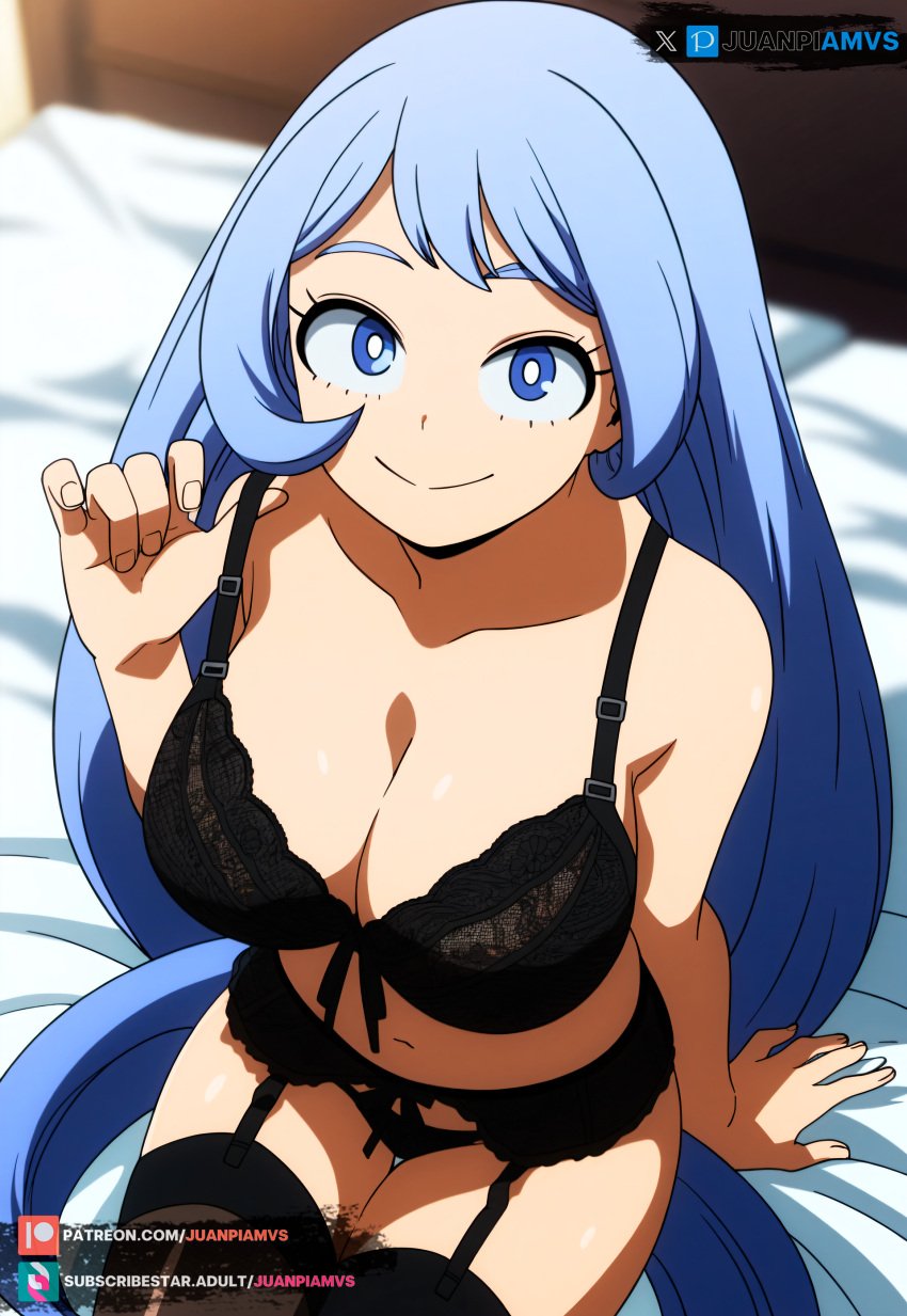 ai_generated bed big_breasts black_lingerie blue_eyes blue_hair boku_no_hero_academia curvy hadou_nejire juanpiamvs lingerie lingerie_only long_hair looking_at_viewer my_hero_academia nejire_hado on_bed patreon patreon_username sitting_on_bed solo subscribestar subscribestar_username watermark